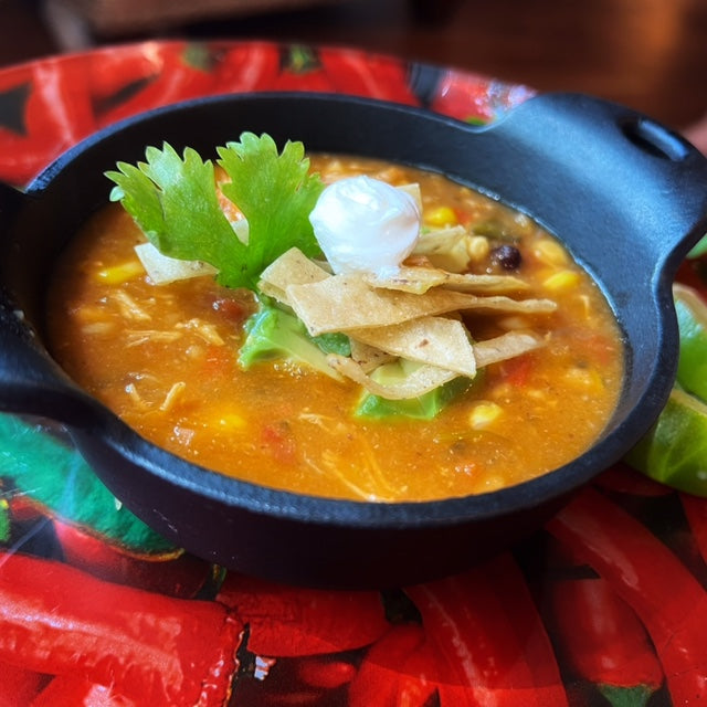 Tortilla Soup with Southwestern Chicken Meatballs, Roasted Peppers and Tomatillos