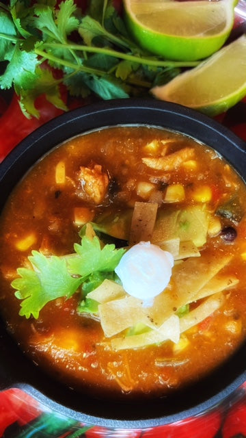 Tortilla Soup with Southwestern Chicken Meatballs, Roasted Peppers and Tomatillos