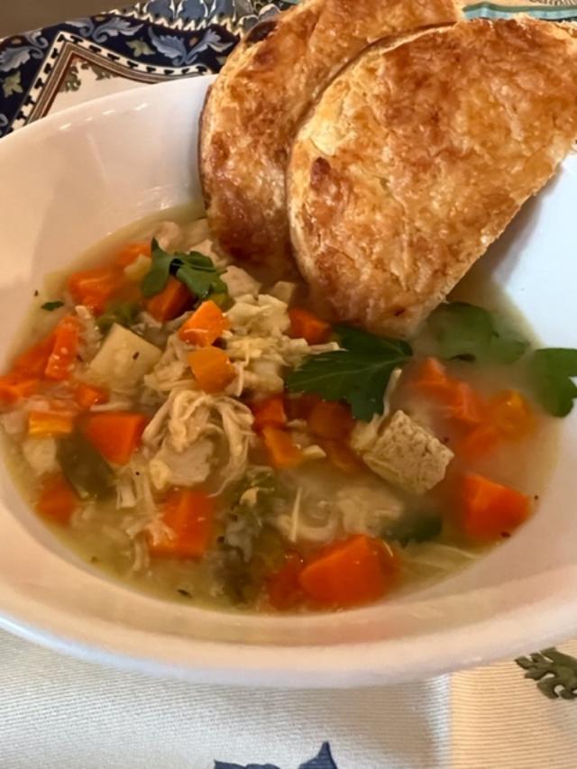 Chicken Pot Pie Soup with Puff Pastry Croutons